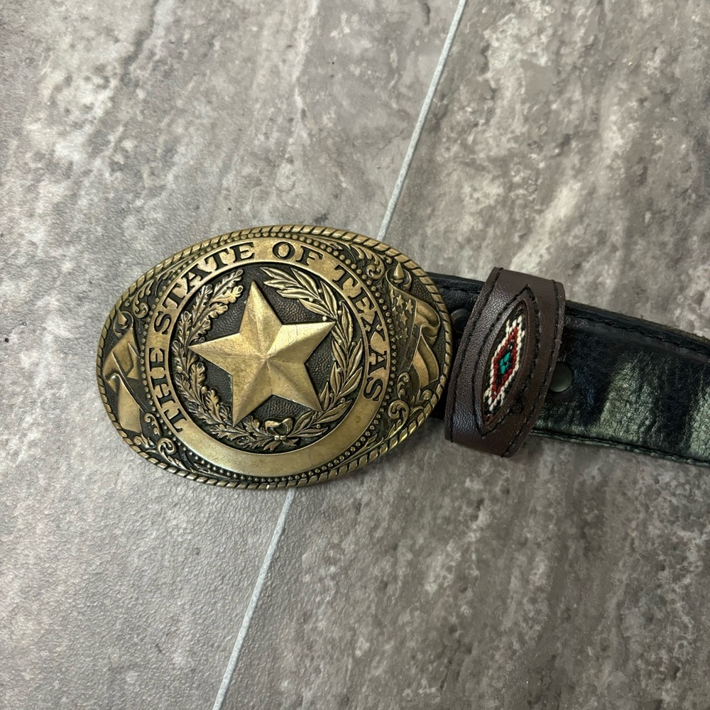 Vtg Tony Lama State of Texas Brass Buckle Western Leather Belt Concho 48” Aztec - Picture 4 of 14